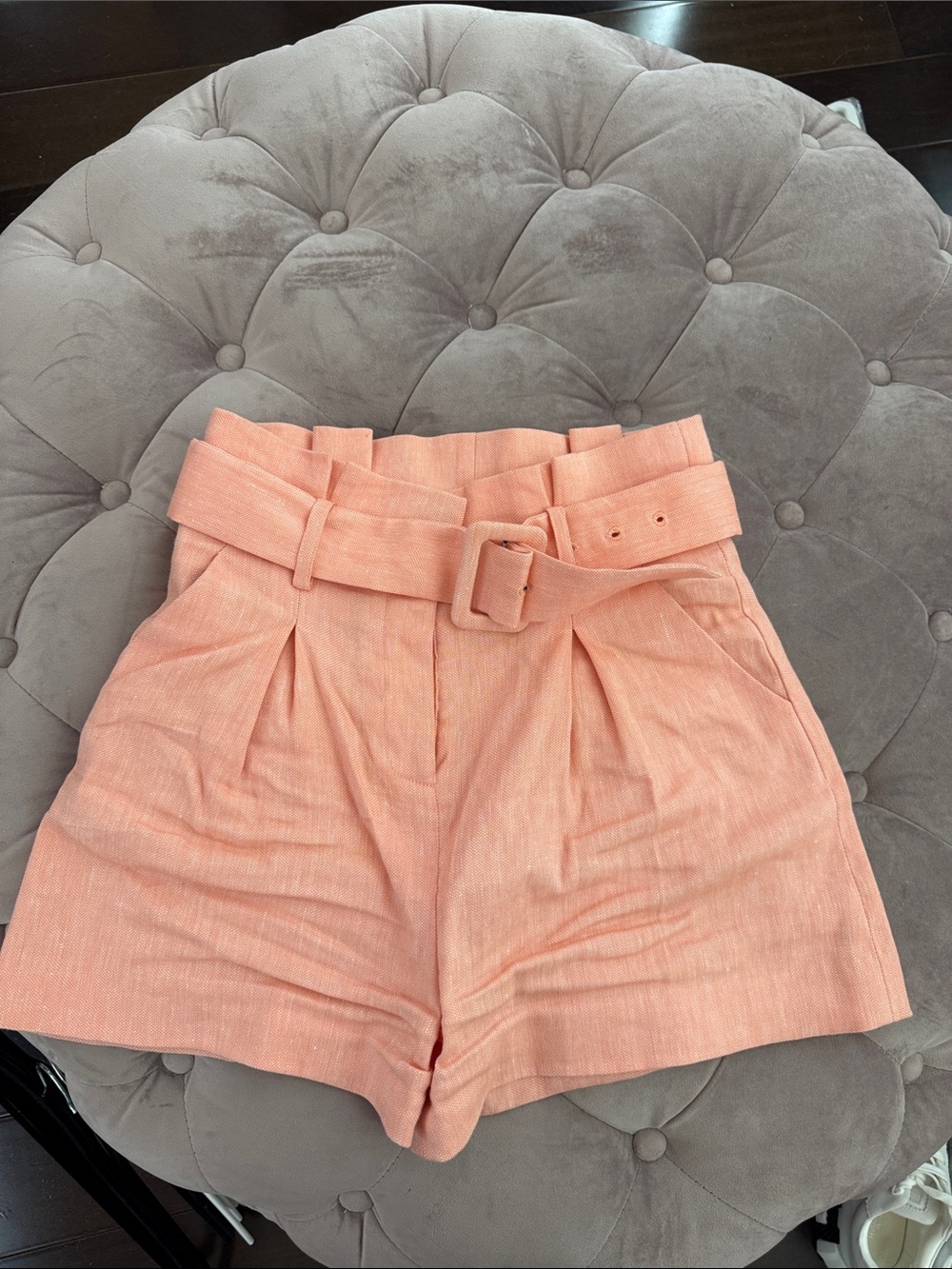 Veronica Beard Peach High-Waist Belted Shorts